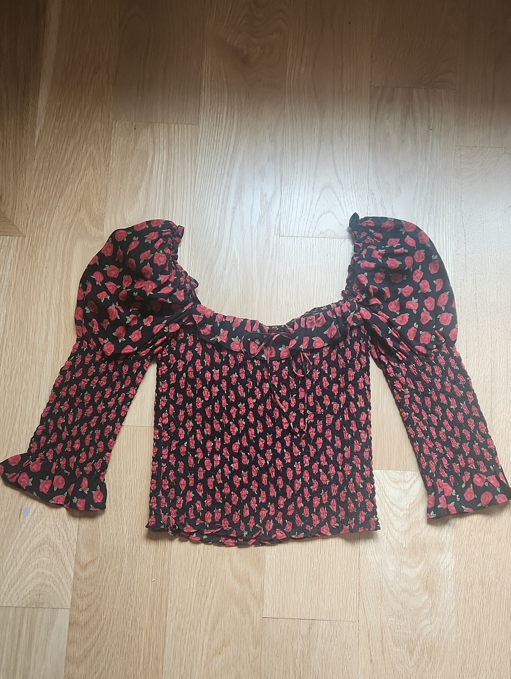 Reformation Black Puff-Sleeve Crop Top with Red Rose Print
